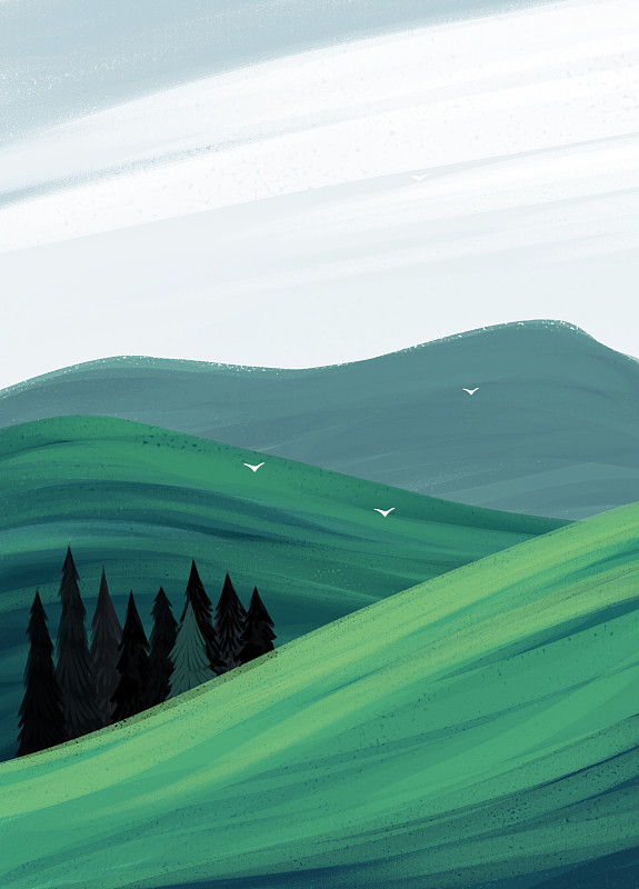夏天晴朗的天空鸟在飞大地山坡绿色风景插画下载