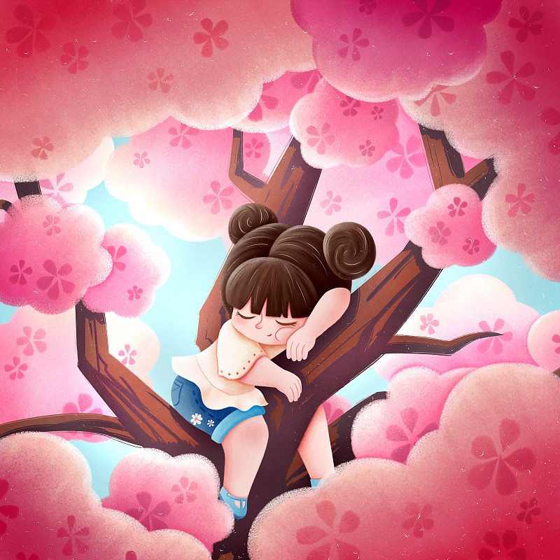 樱花树上睡觉的小女孩图片下载
