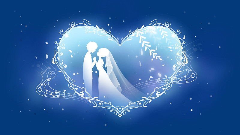 音符下，爱心中，深蓝色唯美浪漫创意情人节插画下载