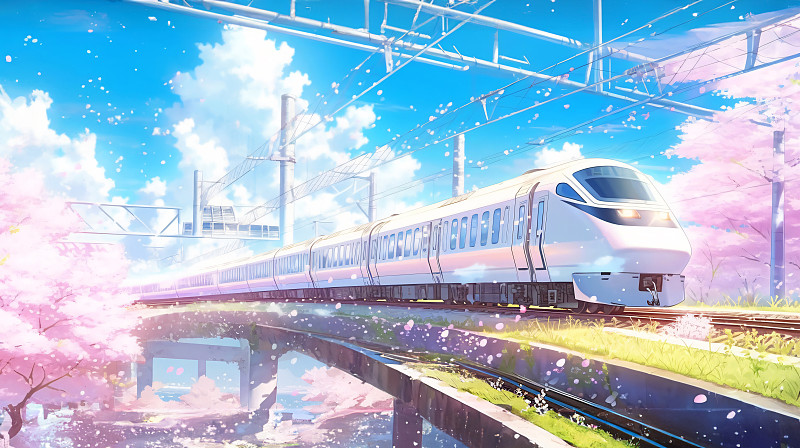 【AI数字艺术】高铁在铁轨上的插画背景下载