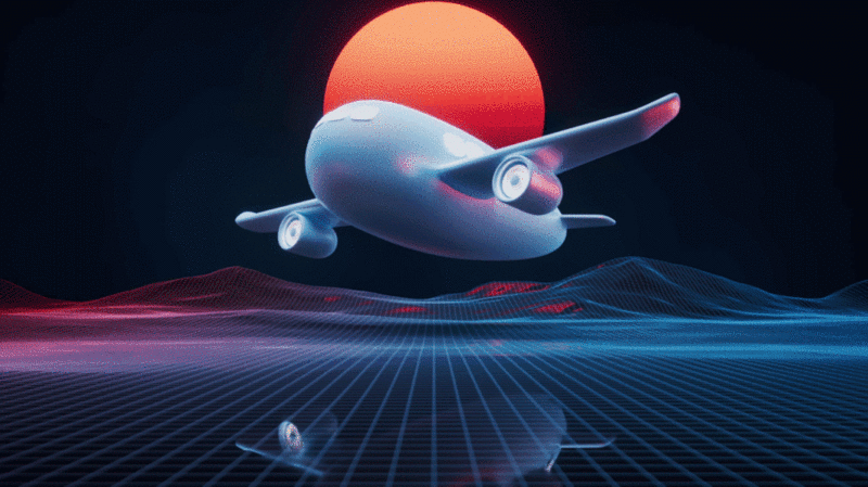 飞机与复古蒸汽波风格3D渲染插画下载