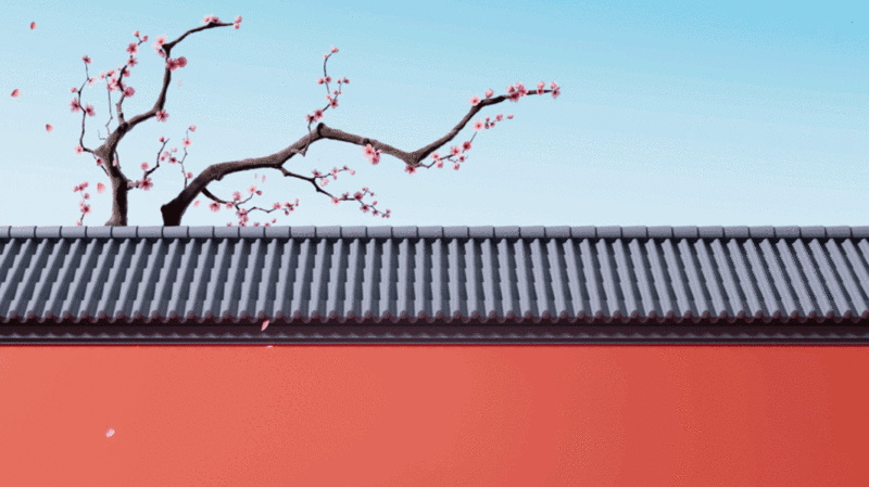 梅花与中国风红墙3D渲染图片下载