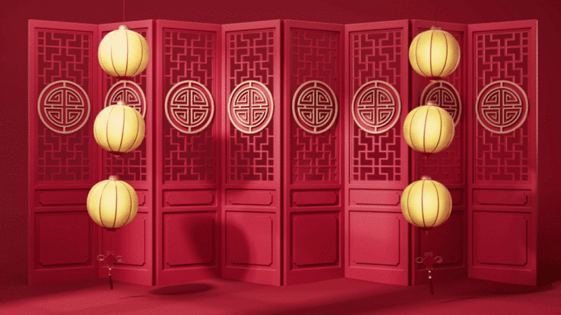 中国风古风门与灯笼3D渲染插画下载