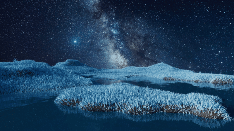 蓝色草地与夜晚星空3D渲染图片下载