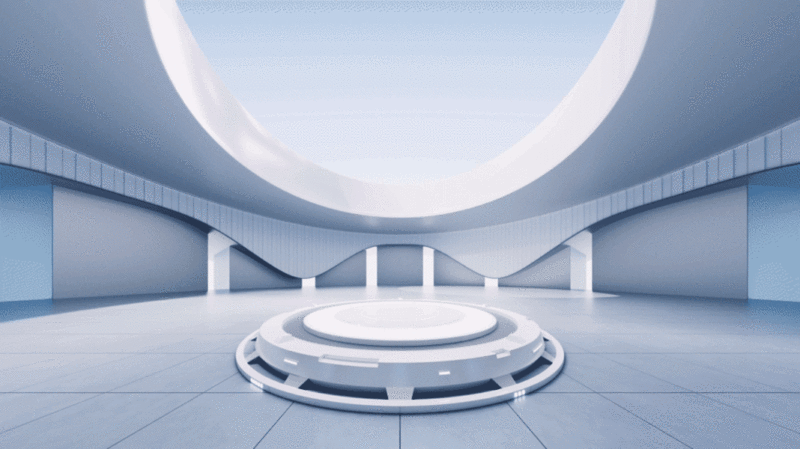 圆形建筑与室内科技展示台3D渲染图片下载