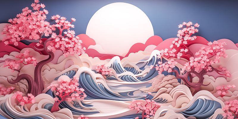 【AI数字艺术】立体剪纸，春天桃花樱花，中秋月圆，海浪浮世绘图片下载