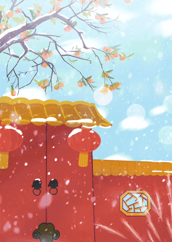 新年中式大门和仙鹤松树等插画图片下载
