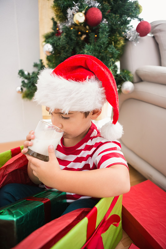 可爱的男孩在大圣诞礼物喝牛奶在家里的客厅图片下载