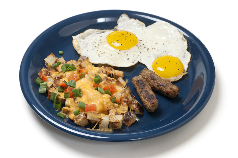 早餐盘里有鸡蛋、土豆和香肠图片下载