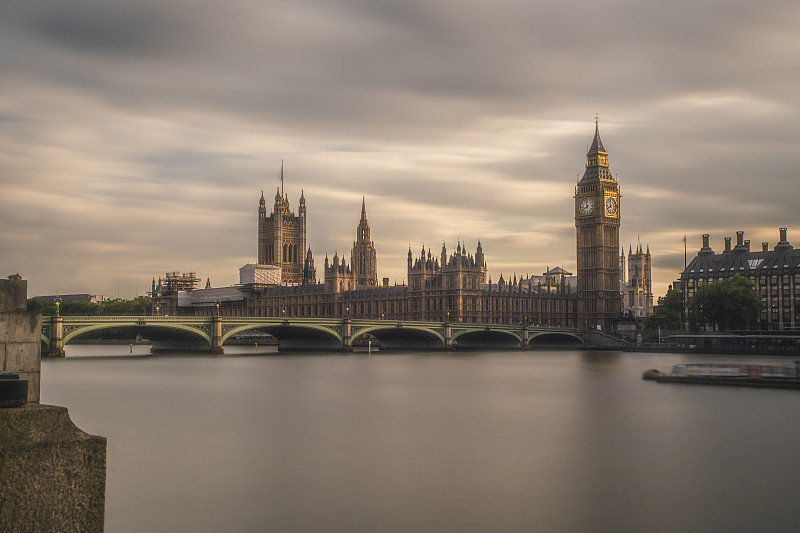 英国，伦敦，威斯敏斯特桥和威斯敏斯特宫与大本钟，长时间曝光图片下载