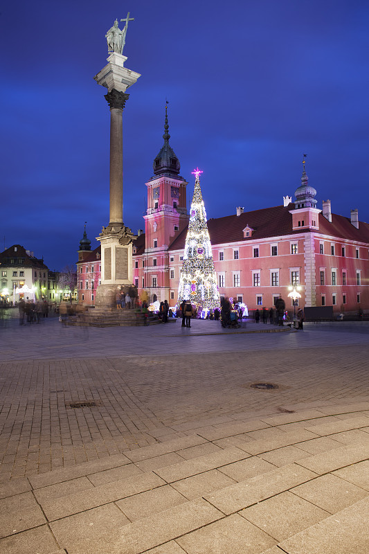 波兰，华沙，城堡广场的西格斯蒙德柱和点亮的圣诞树在夜晚图片下载