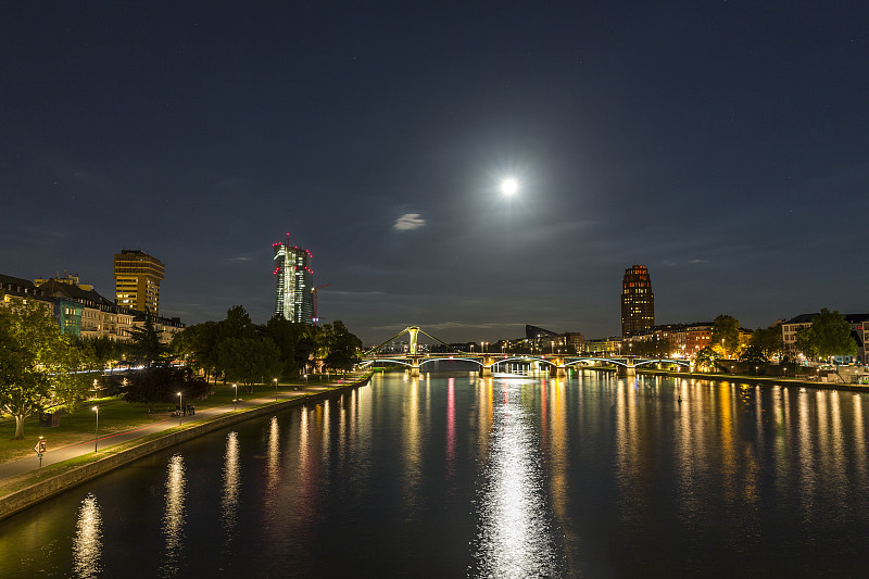 德国，法兰克福，晚上的美因河，金融区的天际线图片素材