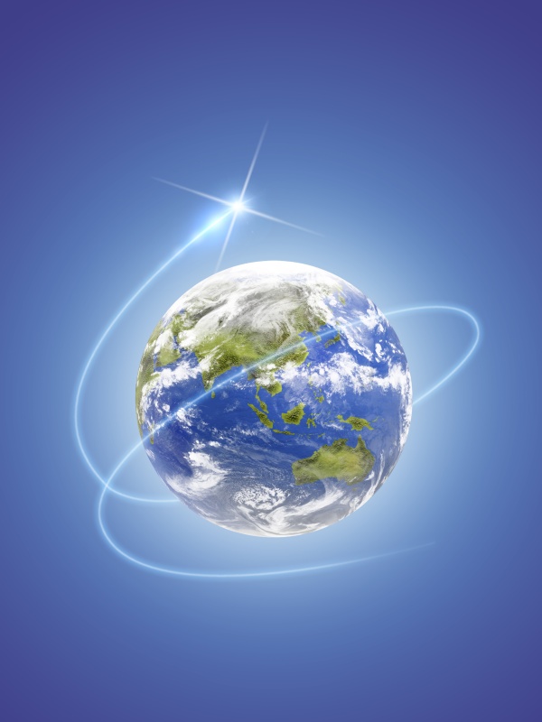 网络灯光环绕地球，电脑图形，蓝色背景图片素材