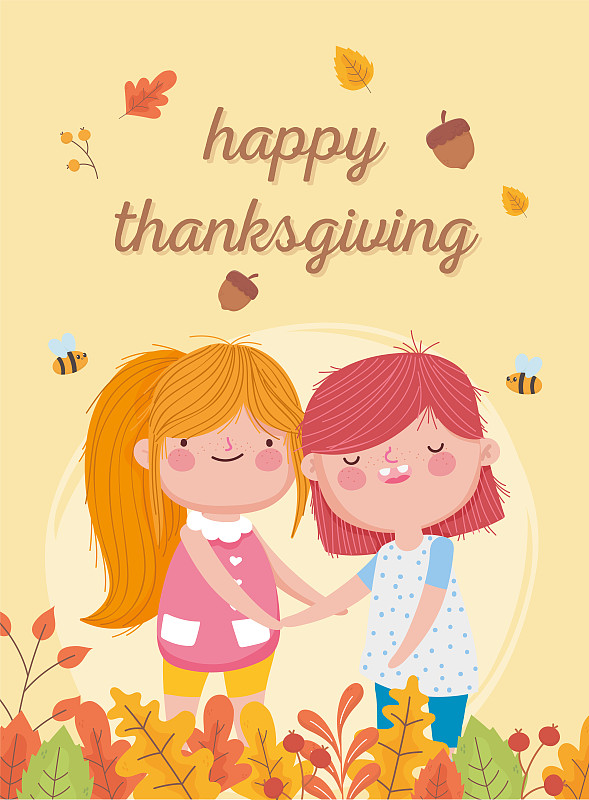 感恩节快乐，可爱的小女孩，橡子，蜜蜂，落叶图片下载