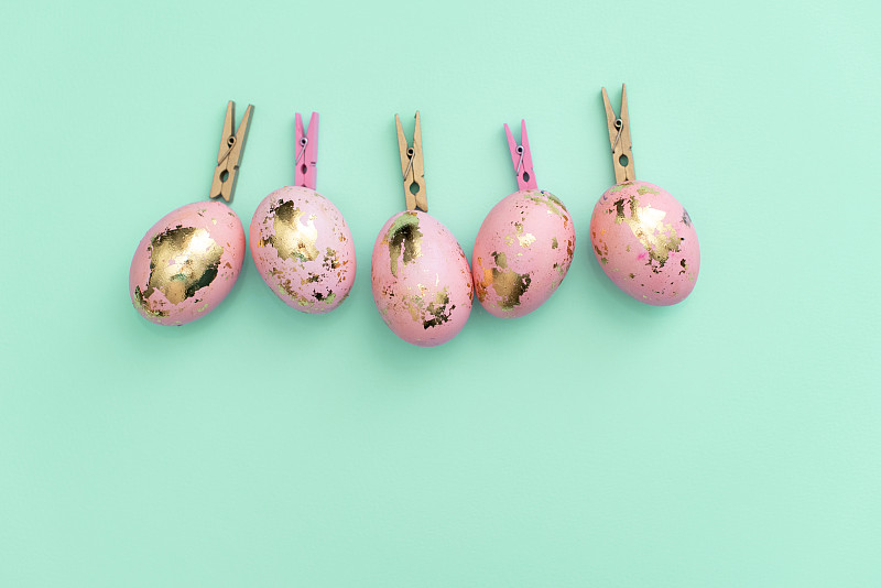 粉红色的复活节彩蛋和郁金香孤立在白色的背景上图片素材