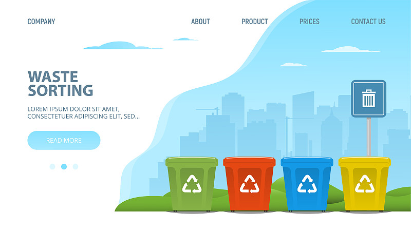 垃圾分类网页的概念设计模板。回收箱在城市景观背景。分类和回收。废物管理和环境保护。矢量插图在平面风格。图片下载