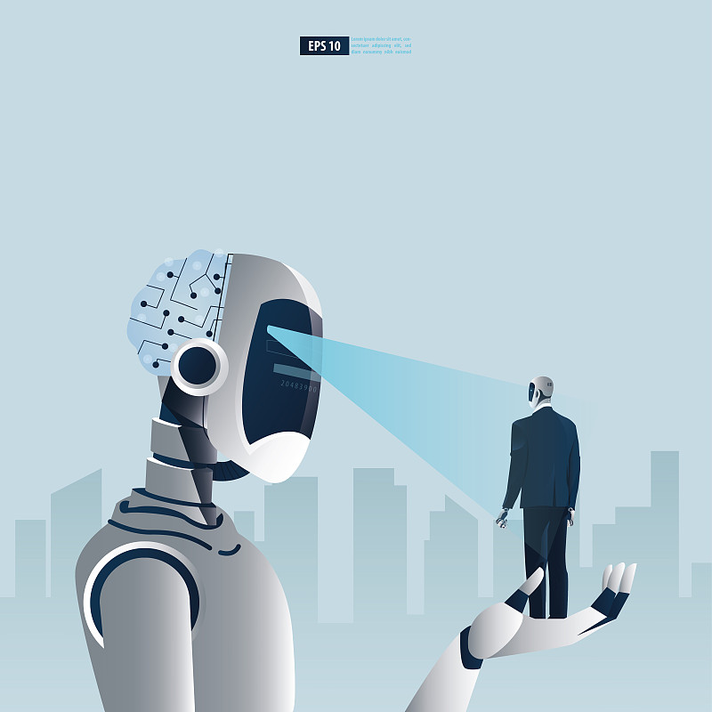 具有人工智能技术概念的未来类人商务人士。一个大机器人正在扫描另一个机器人。矢量图下载