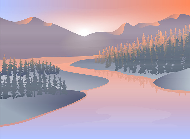 日出或日落，以抽象的山河为旅游景观图片下载