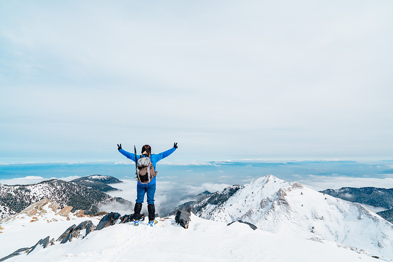 冬天，高山登山者在一座高海拔的山峰上做和平手势图片素材