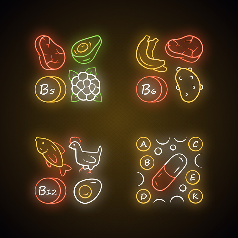 维生素霓虹灯图标集。B5、B6、B12天然食物来源。维生素药片。水果,肉类,蔬菜。适当的营养。矿物质、抗氧化剂。发光的迹象。向量孤立的插图图片下载