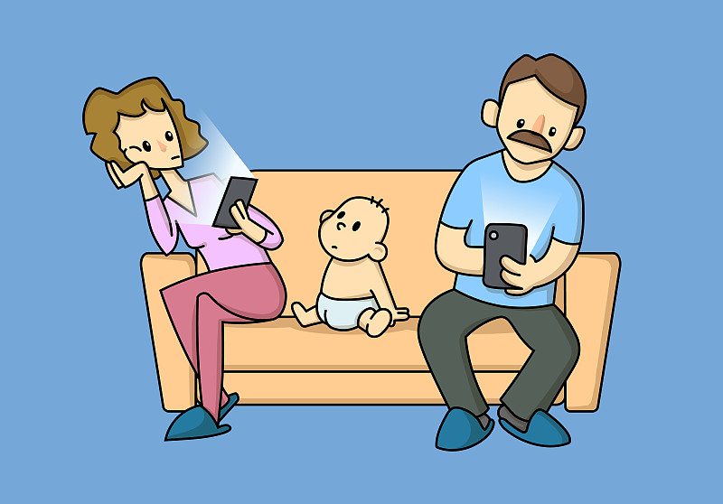 现代父母沉迷于坐在沙发上的电子产品，忽视了他们蹒跚学步的孩子。平面矢量插图，孤立在蓝色背景。图片下载