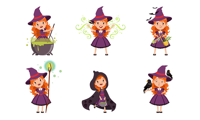 可爱的小女巫卡通人物集合，可爱的红头发女孩在紫色的裙子和帽子矢量插图图片素材