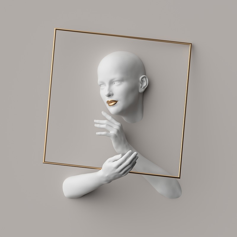 3d渲染，女性人体模型的身体部分在金色的方形框架内，孤立在白色的背景。大胆的头，美丽的脸，美丽的手。珠宝商店橱窗产品展示。最小的时尚肖像图片素材