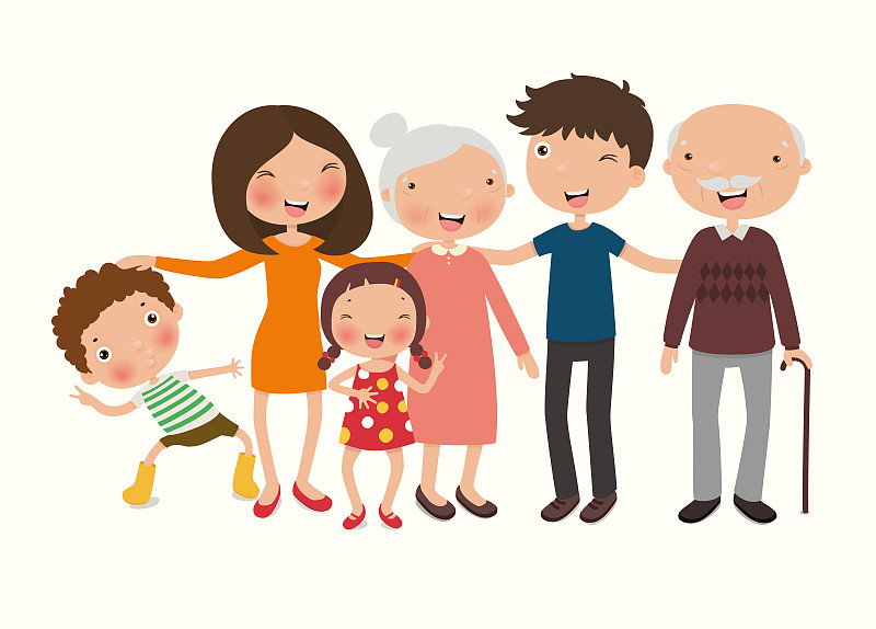 幸福的家庭。父亲，母亲，祖父母，孩子，兄弟姐妹，矢量插图在一个平坦的风格图片素材