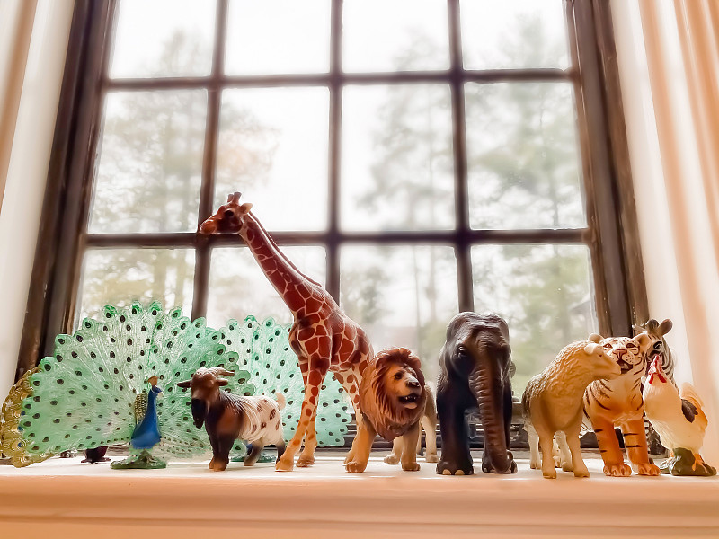 儿童卧室内窗台上的动物雕像图片素材