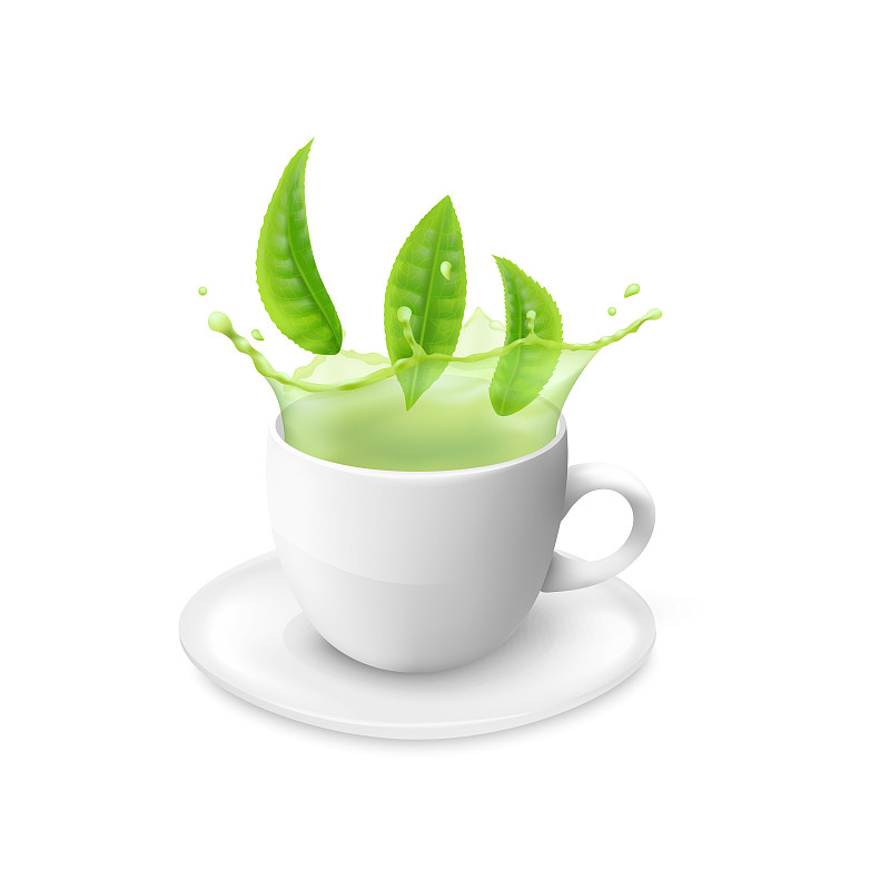 新鲜的绿茶叶子落在白瓷杯中，绿色的液体飞溅图片下载