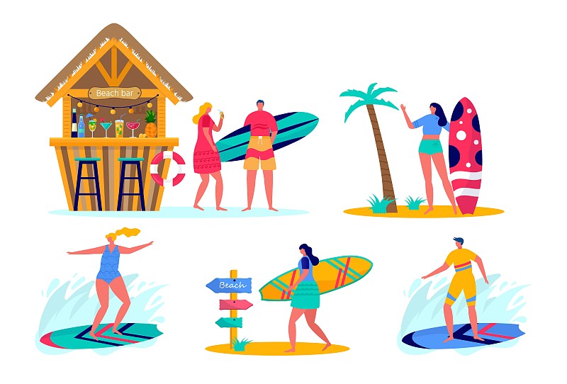 一组人在海滩穿着冲浪板冲浪。年轻的男女在海边度假，海边，海滩酒吧。夏季运动理念，休闲户外活动，散步。平面向量图片素材