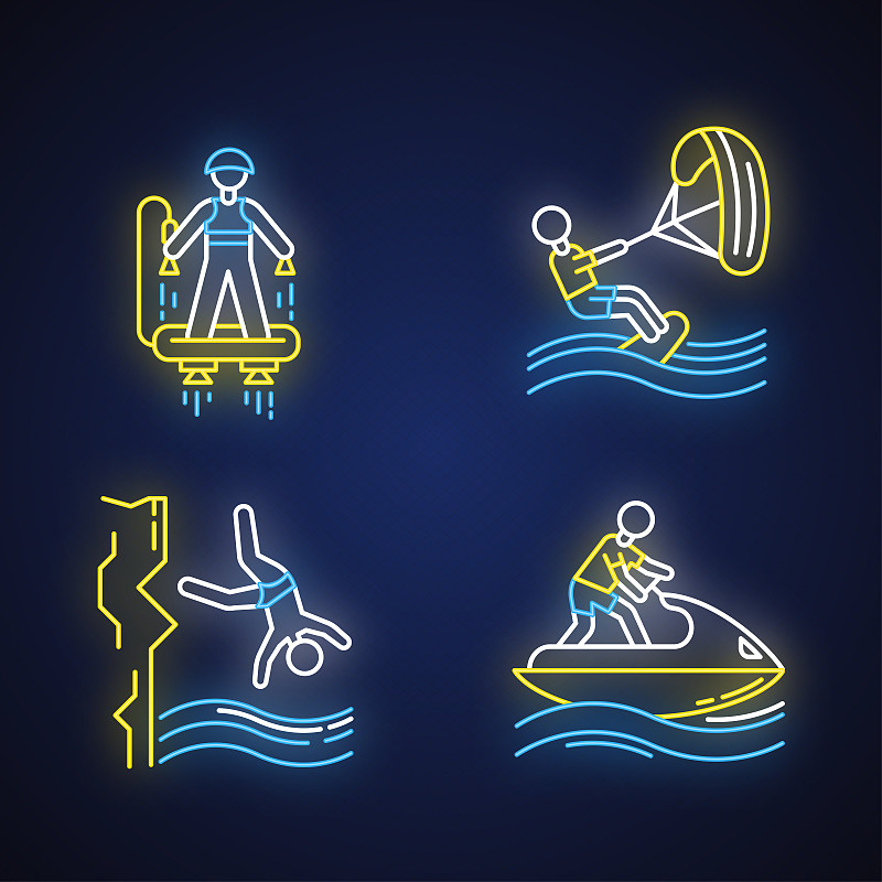 水上运动霓虹灯图标集。飞行滑板、风筝滑板、悬崖跳水和水上摩托。极限运动。暑假的冒险。发光的迹象。向量孤立的插图图片素材