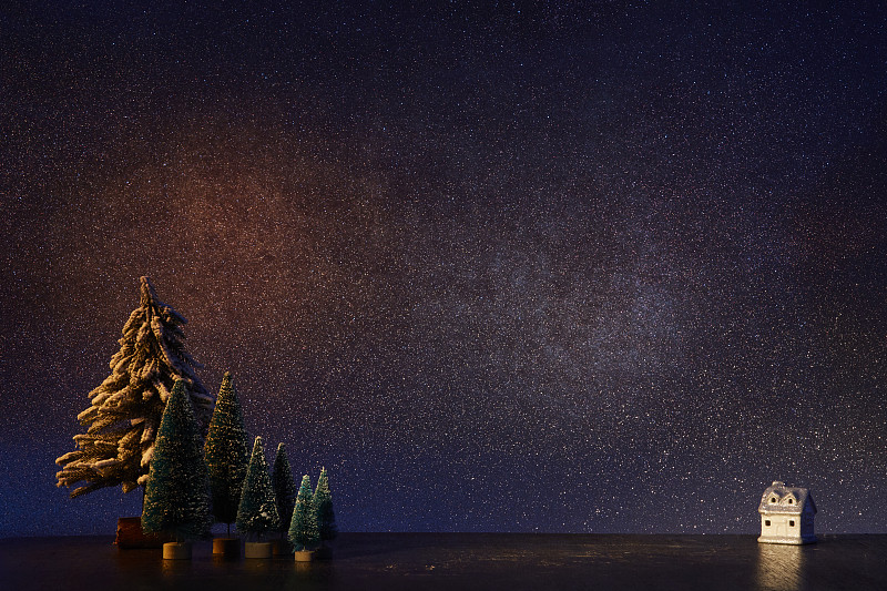 在夜晚的星光下有树的镇上的房子。装饰,圣诞节,图片下载