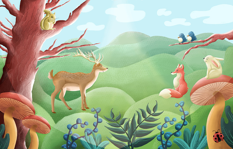 森林动物的插图看起来快乐的户外图片素材