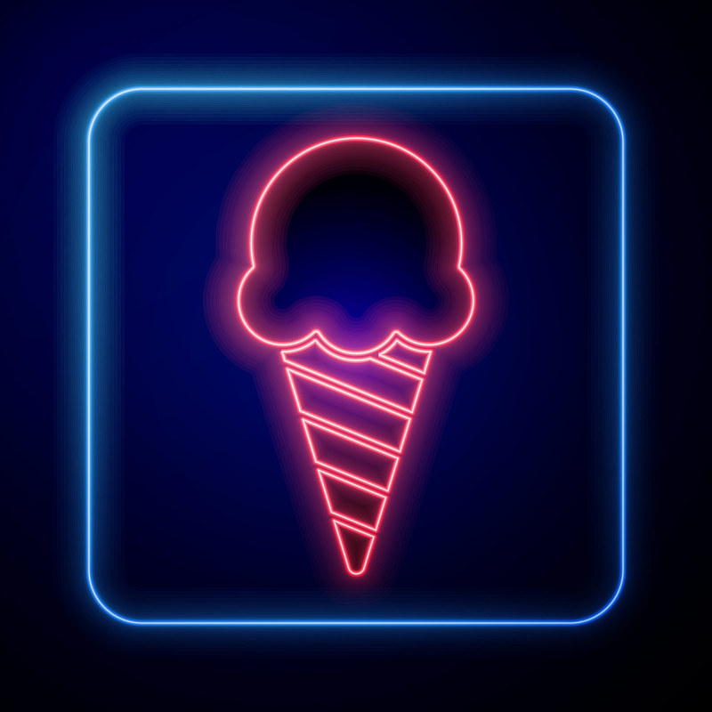 荧光冰淇淋华夫蛋筒图标孤立在蓝色背景。甜蜜的象征。矢量图素材