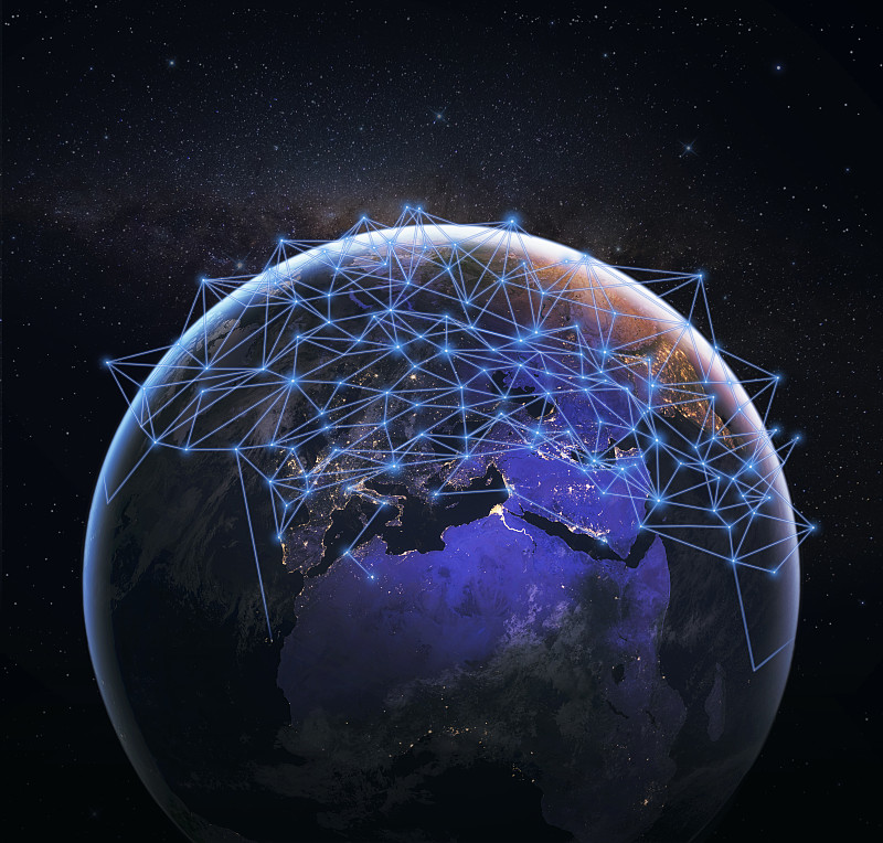 蓝色星球地球的全球网络。全球无线信息交换和数字连接的概念。图片素材