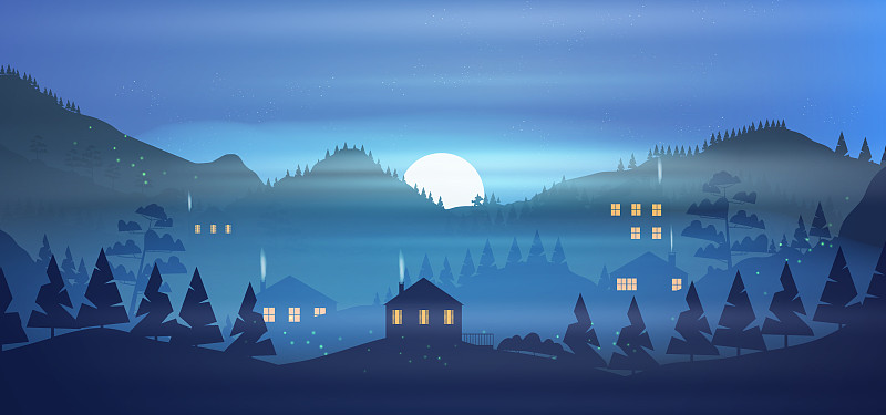 山中的村庄，满月之夜图片素材