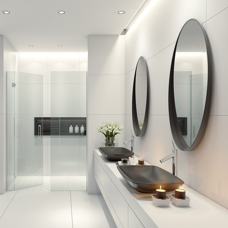 带有椭圆形镜子的现代白色浴室图片下载