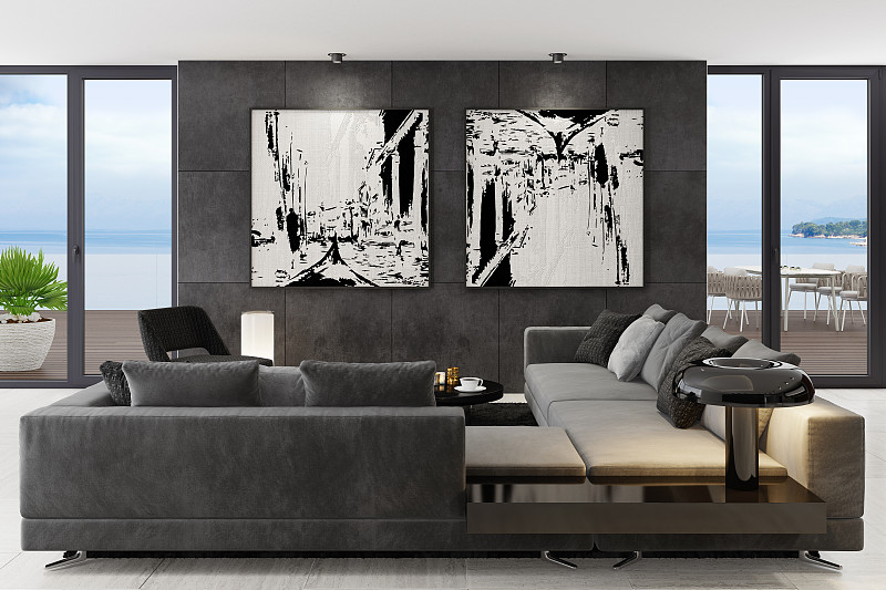 豪华的黑色室内客厅与现代极简主义意大利风格家具图片下载