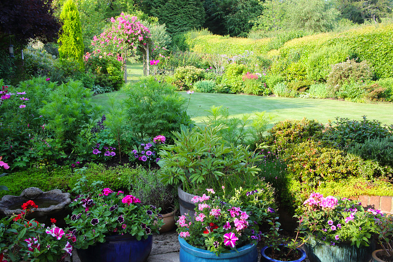 和煦的晨光洒在英国家庭花园上。图片素材