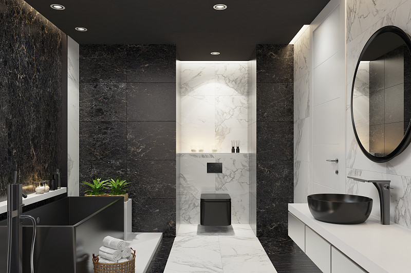 豪华现代家庭水疗浴室与黑白大理石瓷砖图片素材