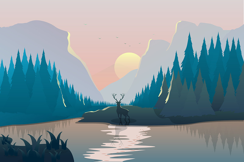 风景矢量插图与鹿，河流，云杉森林和山在日落图片下载