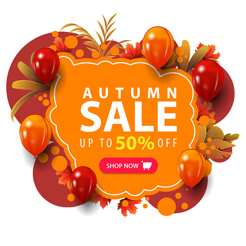 秋季销售，高达50%的折扣，红色和橙色的折扣网站横幅与大的报价，按钮，框架的秋天树叶和气球涂鸦风格图片下载