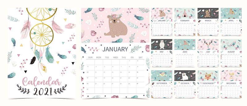 Cute boho calendar 2021 with bear, dreamcatcher, feather for children, kid, baby图片素材