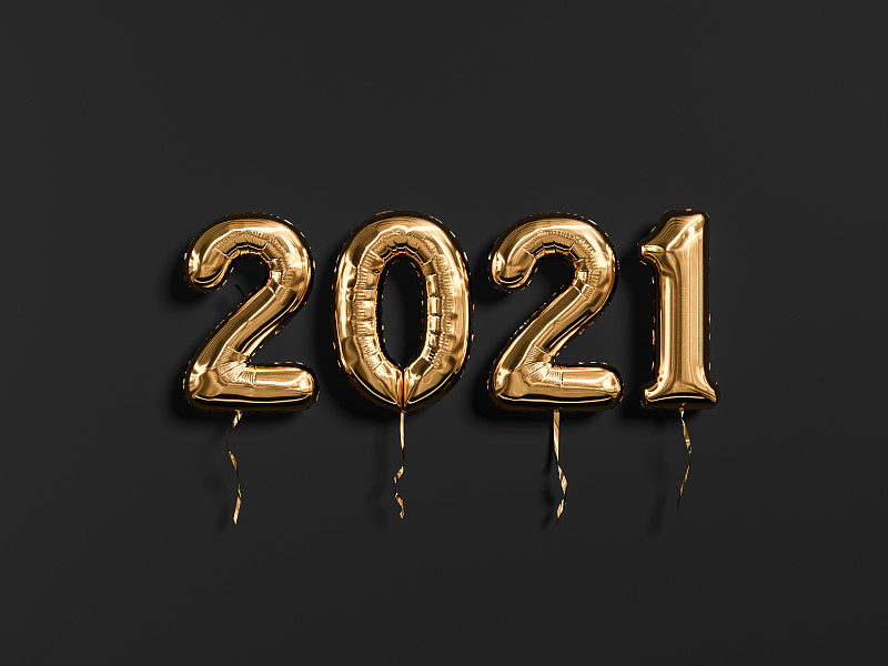 2021年新年，金色和黑色。金箔气球数字2021孤立在黑色背景。三维渲染图片下载