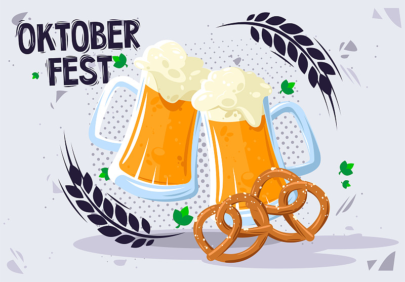 矢量插图的两个啤酒杯与经典的德国椒盐卷饼，啤酒节，啤酒节在德国图片素材