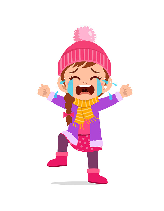 sad cute little kid cry and wear jacket in winter season. child scream crying wearing warm clothes图片下载