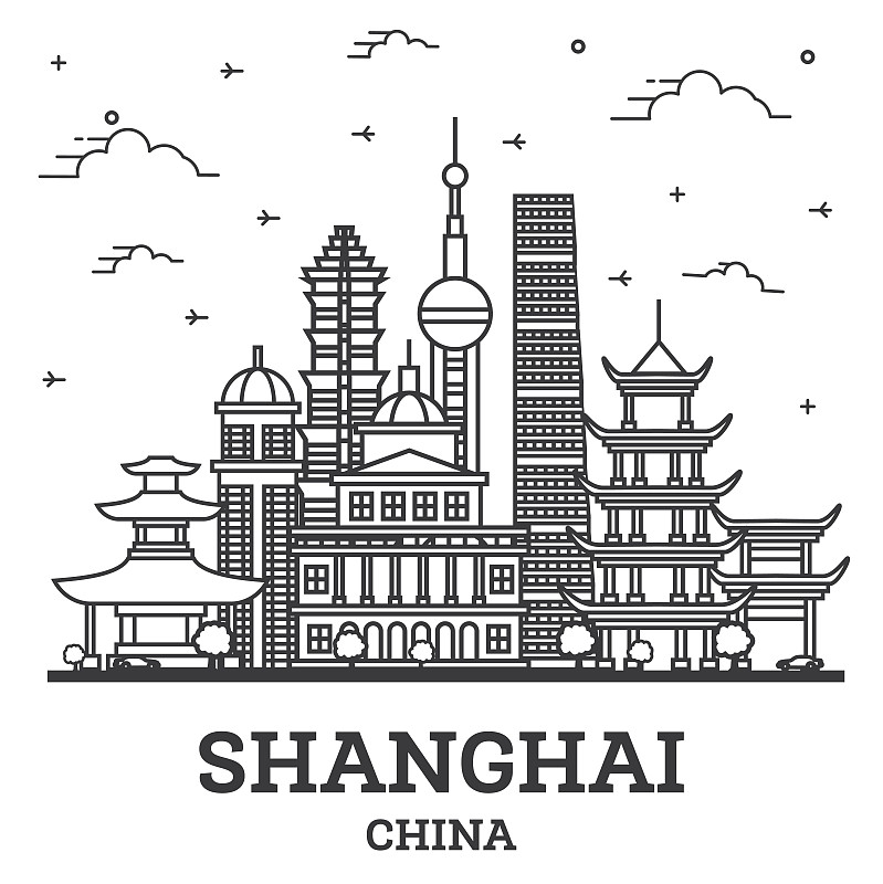 用白色隔离的历史建筑勾勒出上海中国城市天际线。图片下载