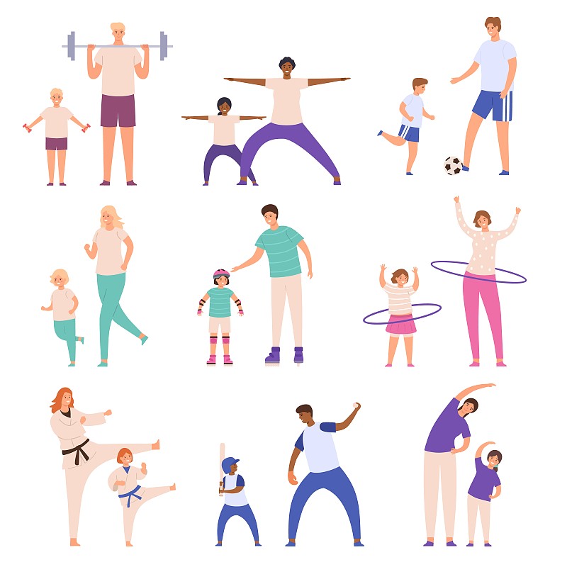 父母和孩子在做运动。爸爸和儿子踢足球，妈妈和女儿做健身运动。家庭身体活动向量集图片下载
