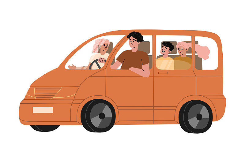 家庭旅行在橙色的车。快乐的父母，爸爸妈妈图片素材